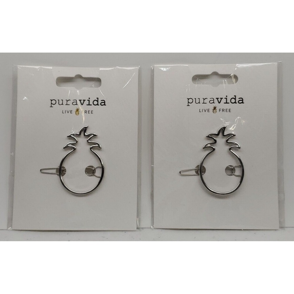 Lot of 2 PURAVIDA "Live Free" Pineapple Silver Hair Barrettes Brass NEW!